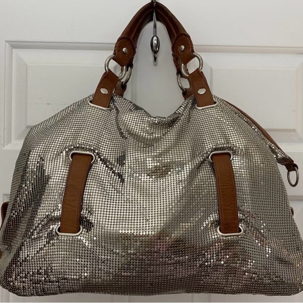 Cole Haan G Series Silver Mesh Metal Brown Leather Expandable Convertible bag